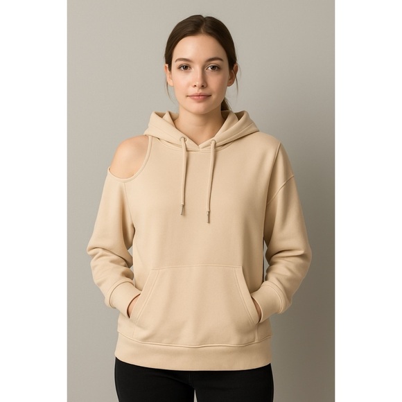ALL FENIX Shoulder Cutout Hoodie Hooded Jumper in Hazelnut - Picture 1 of 9